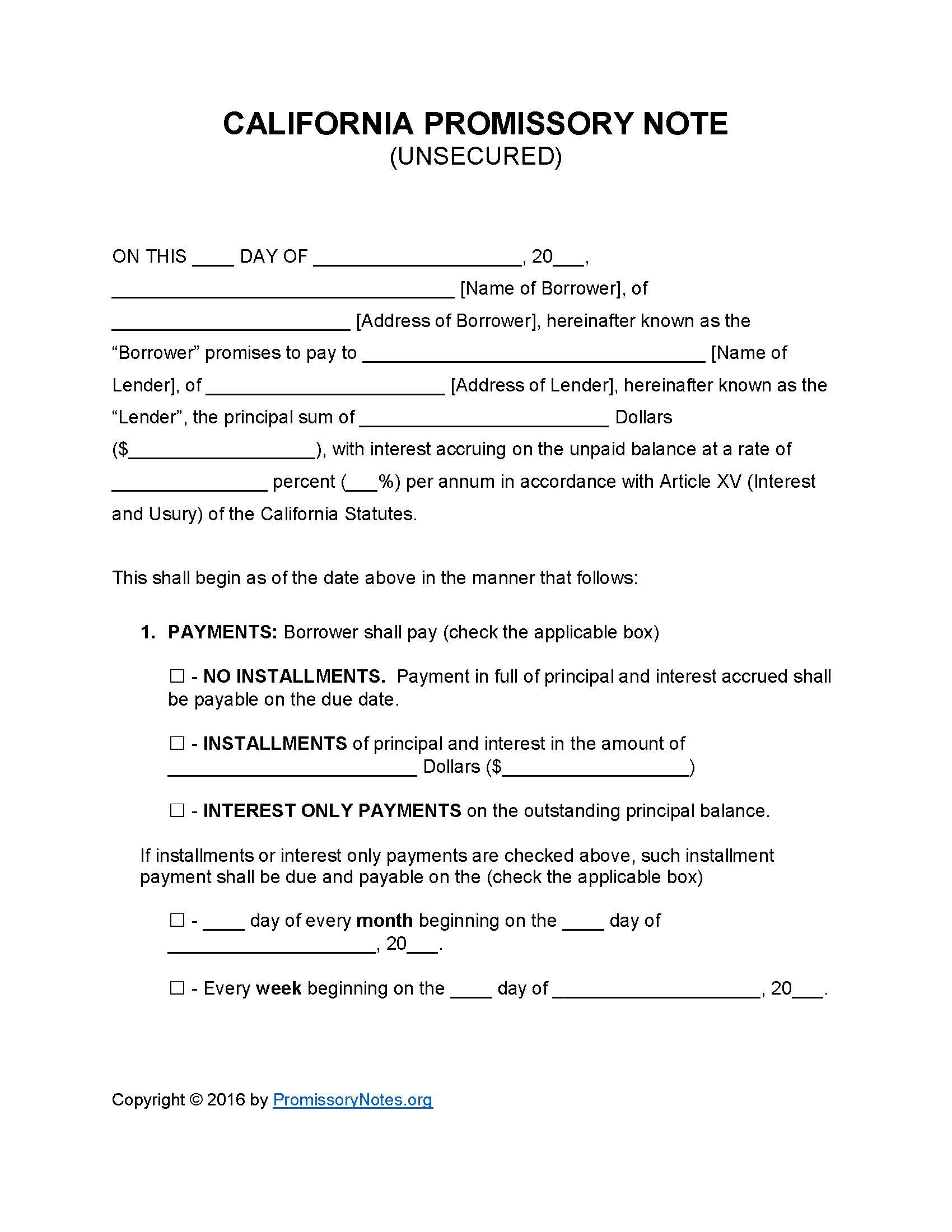 California Unsecured Promissory Note Template Promissory Notes