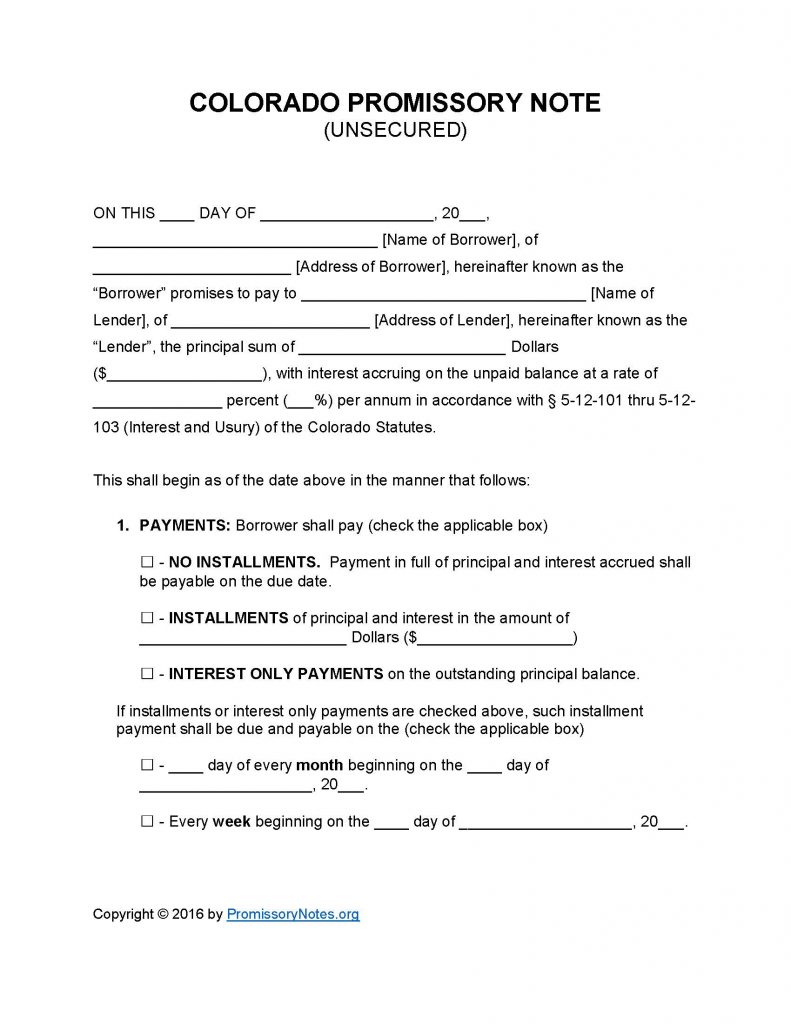 Colorado Unsecured Promissory Note - Adobe PDF - Microsoft Word