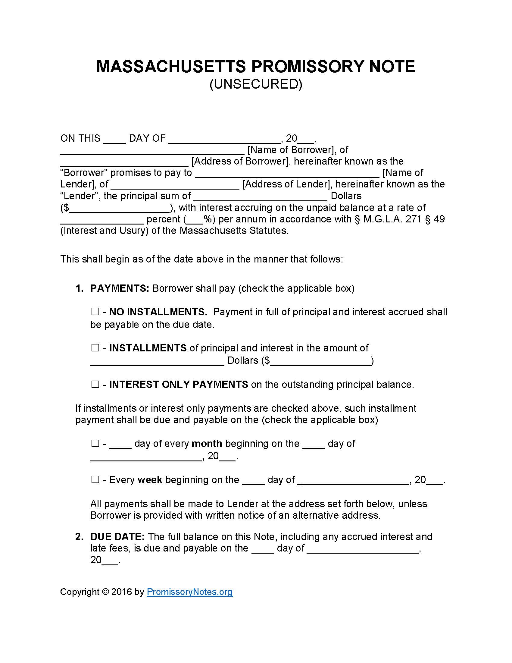 Massachusetts Unsecured Promissory Note Template Promissory Notes