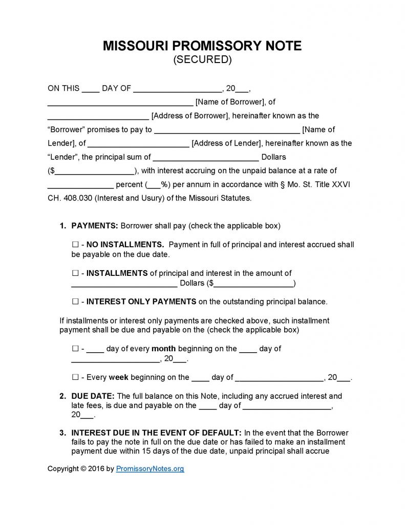 Missouri Secured Promissory Note - Adobe PDF - Microsoft Word