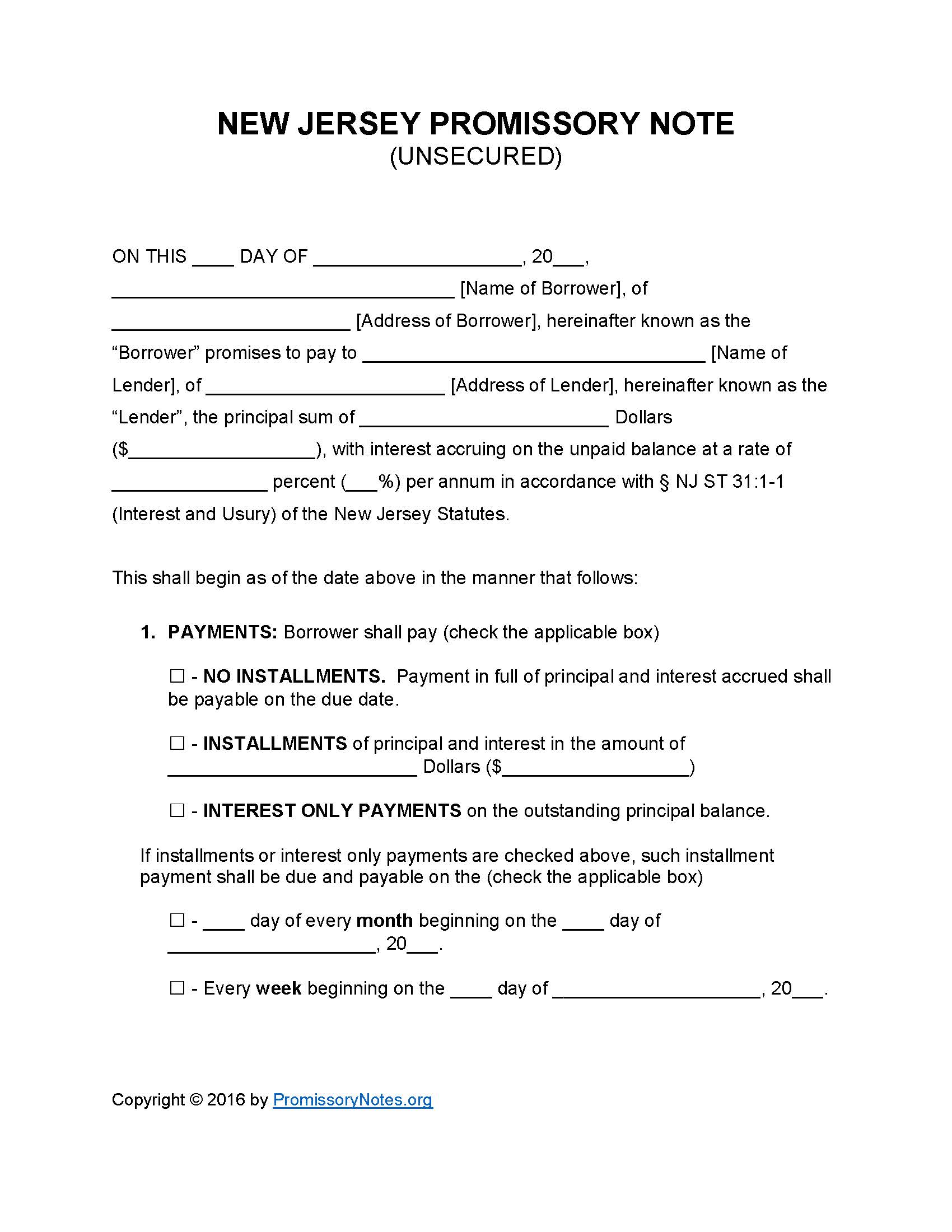 New Jersey Unsecured Promissory Note Template Promissory Notes 