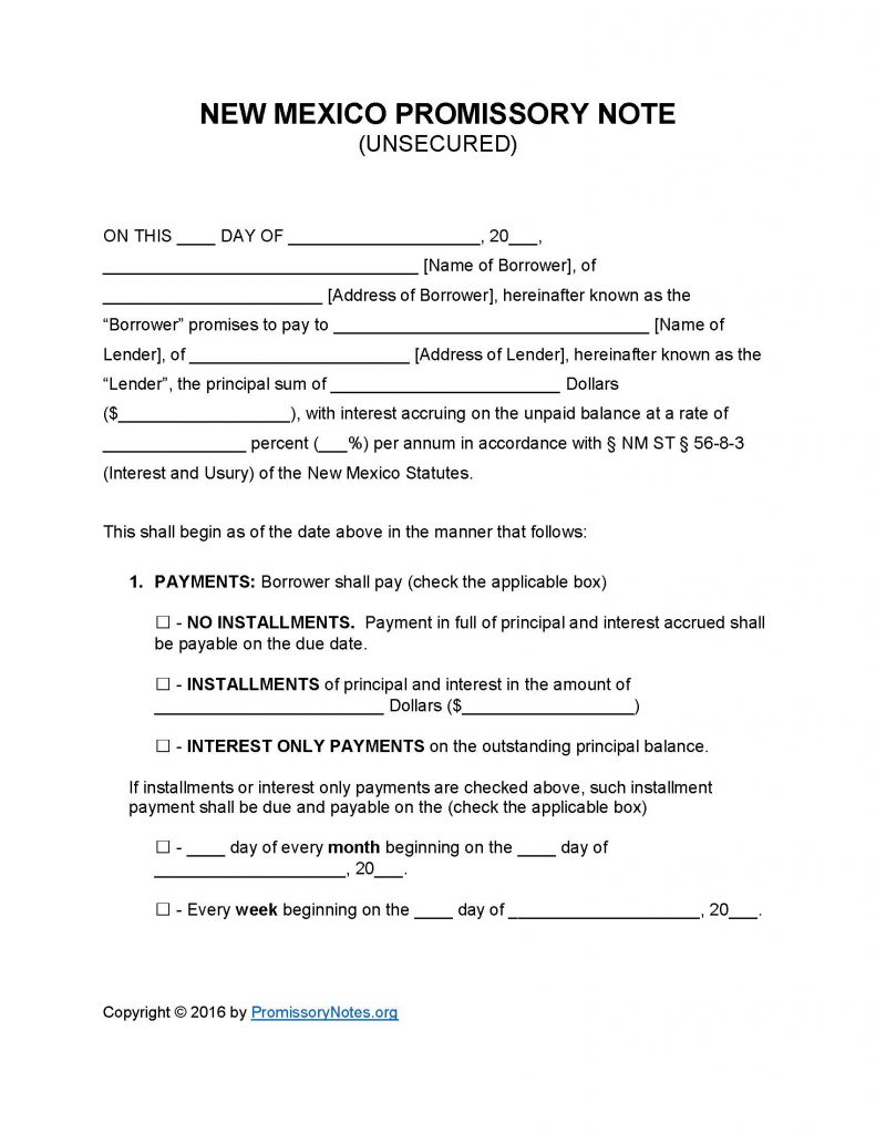 New Mexico Unsecured Promissory Note - Adobe PDF - Microsoft Word