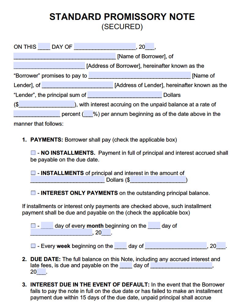 Promissory Note With Collateral Template