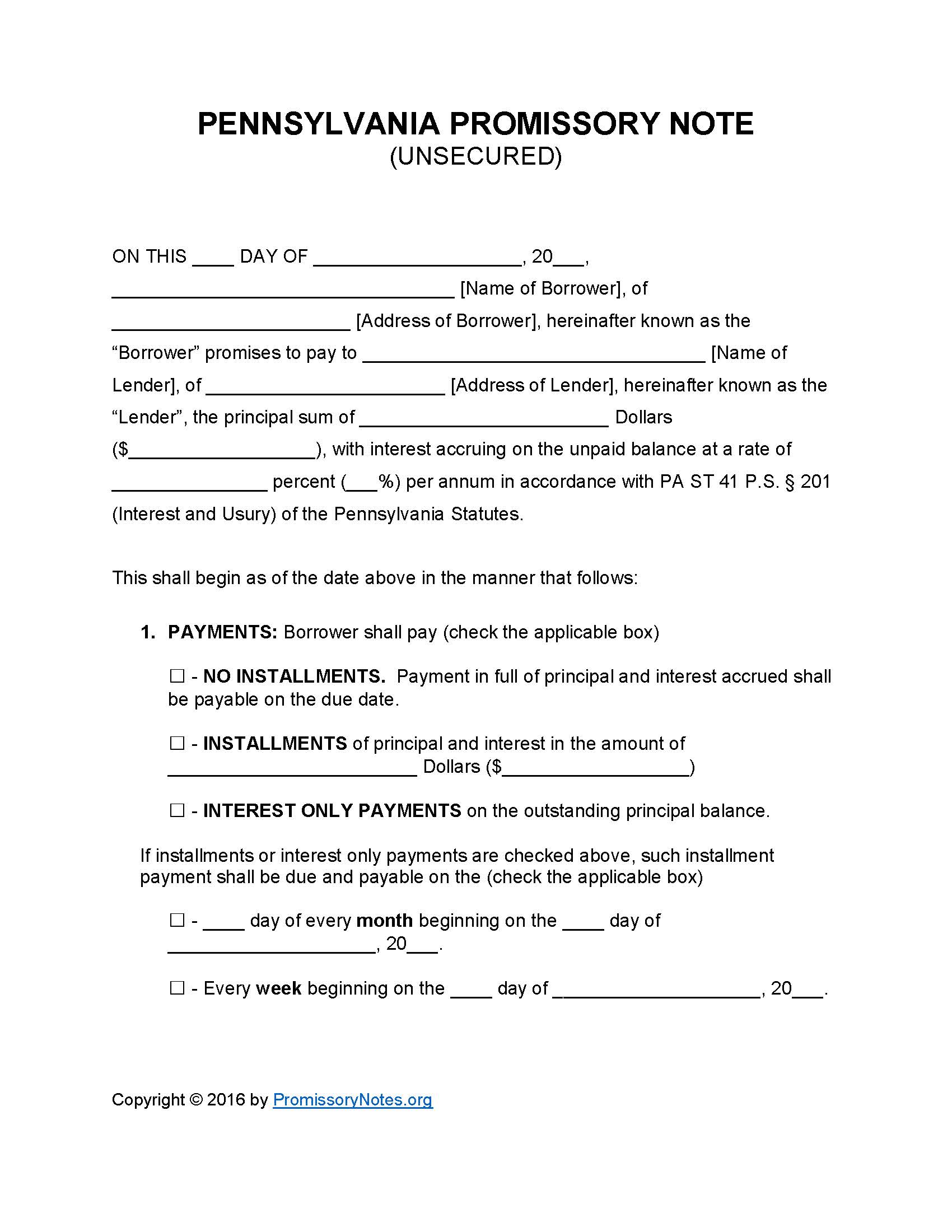 Pennsylvania Unsecured Promissory Note Template Promissory Notes