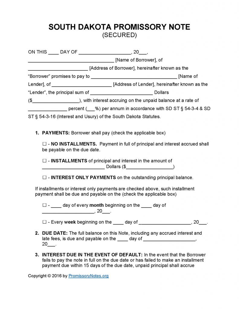 South Dakota Secured Promissory Note - Adobe PDF - Microsoft Word