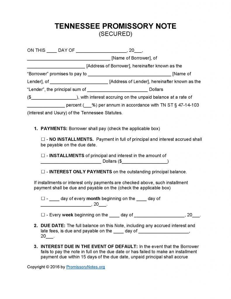 Tennessee Secured Promissory Note Template Promissory Notes