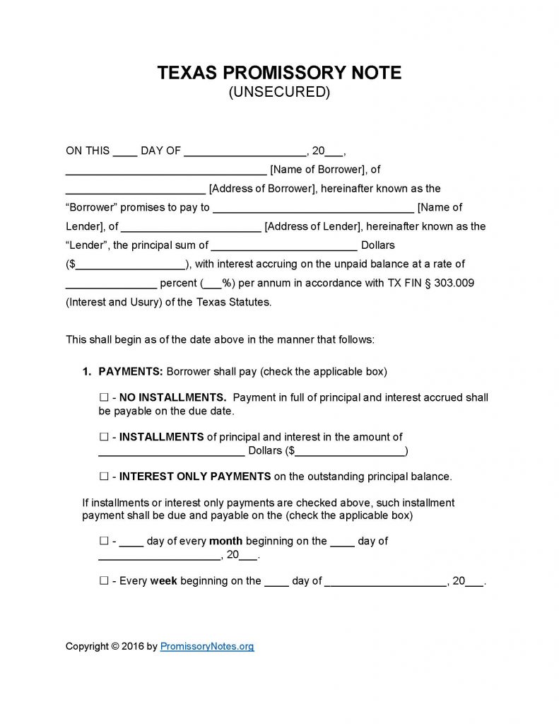 Texas Unsecured Promissory Note - Adobe PDF - Microsoft Word