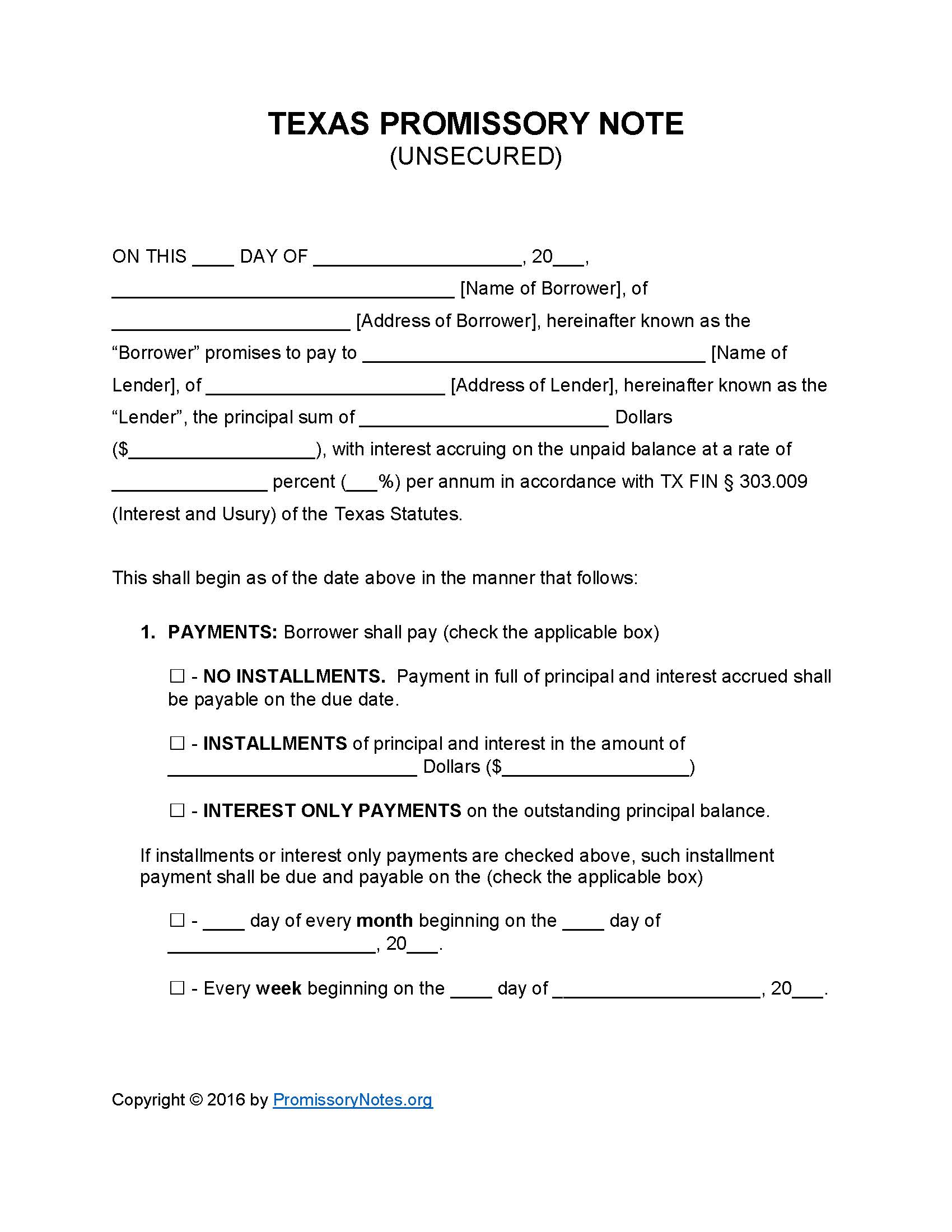 Texas Unsecured Promissory Note Template Promissory Notes