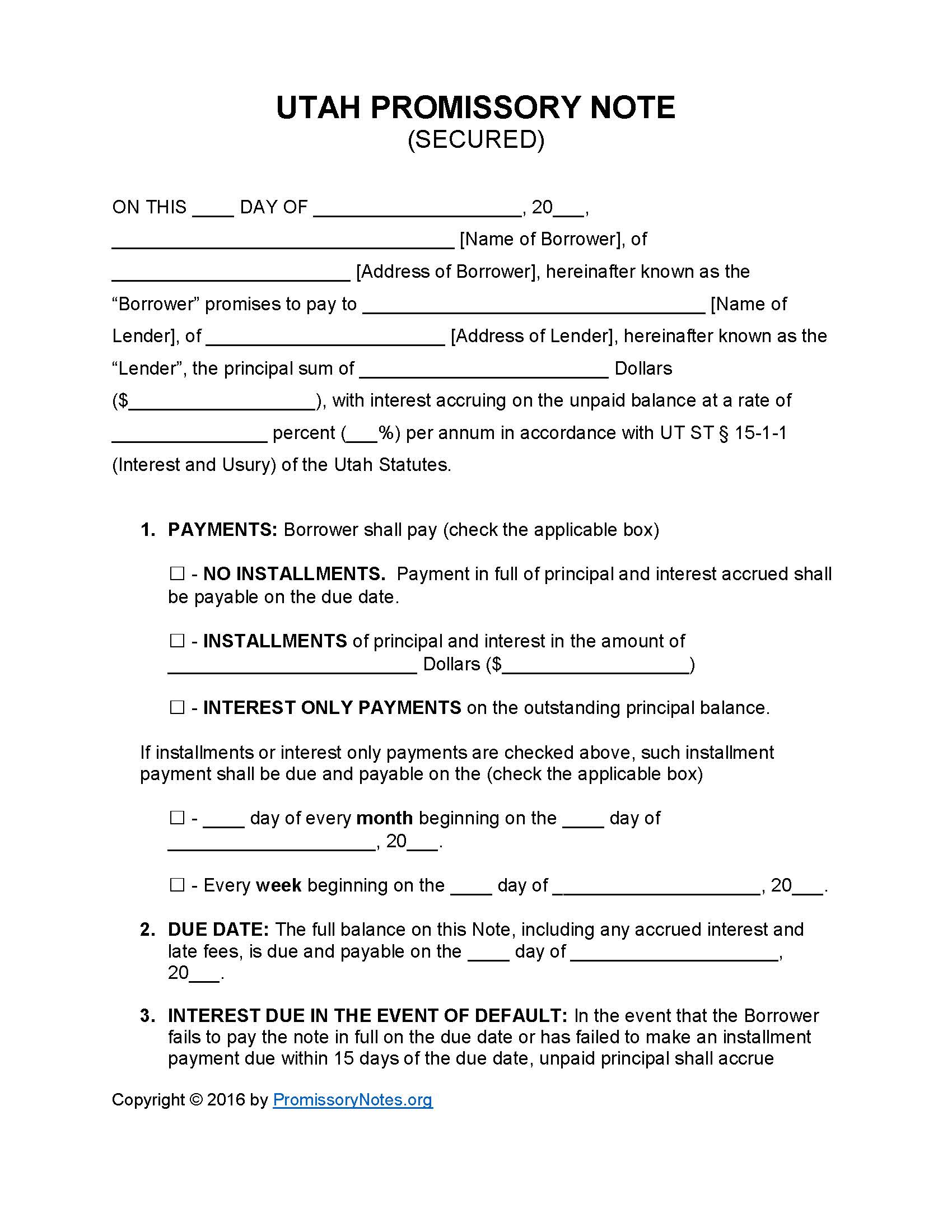 Utah Secured Promissory Note Template Promissory Notes Promissory Notes