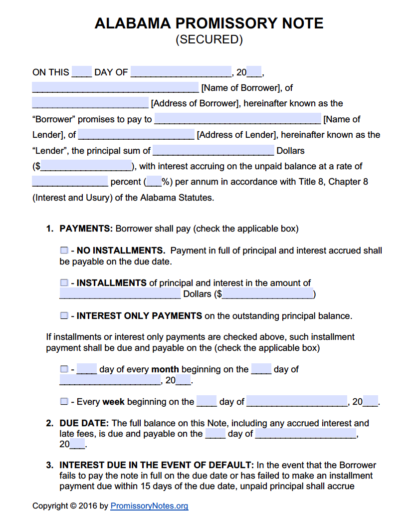 Alabama Secured Promissory Note - Adobe PDF - Microsoft Word