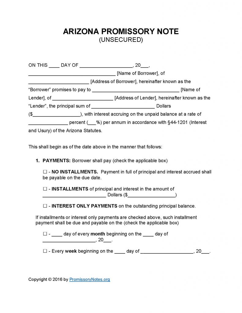 Arizona Unsecured Promissory Note Template Promissory Notes