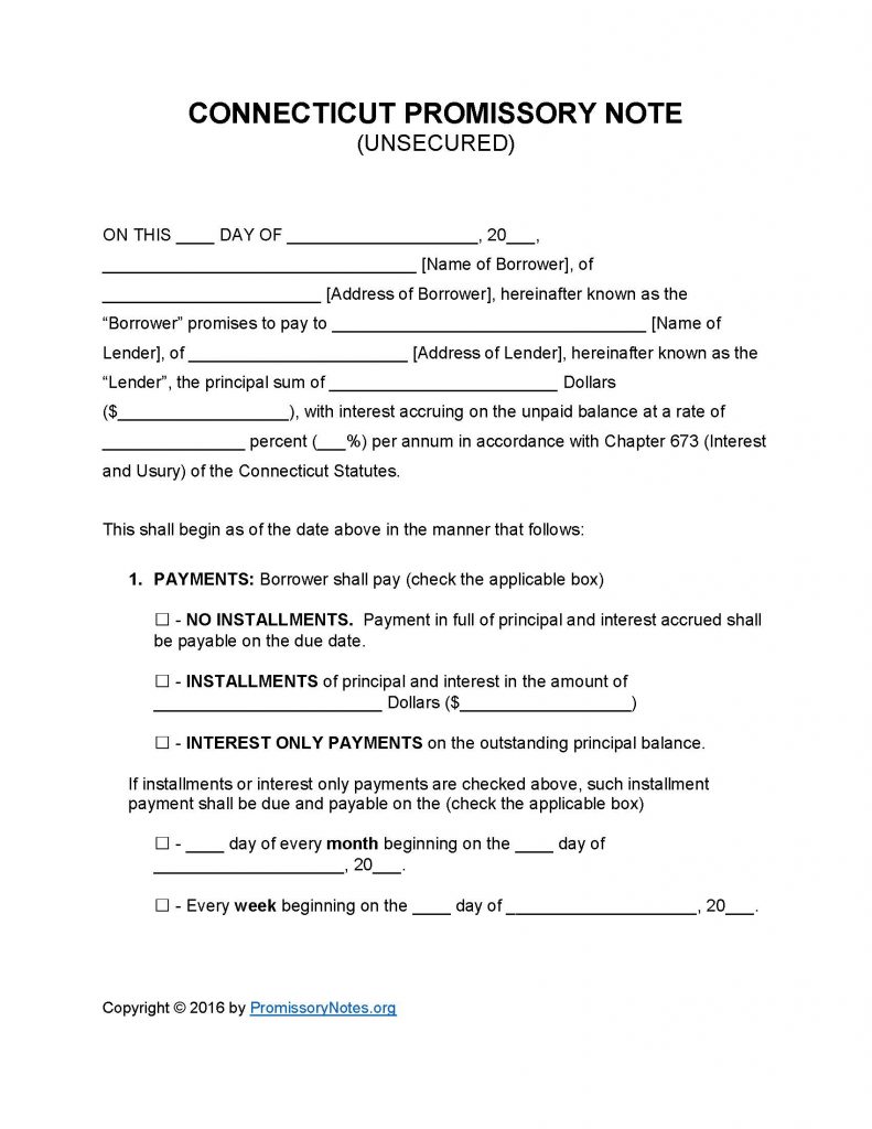 Connecticut Unsecured Promissory Note - Adobe PDF - Microsoft Word