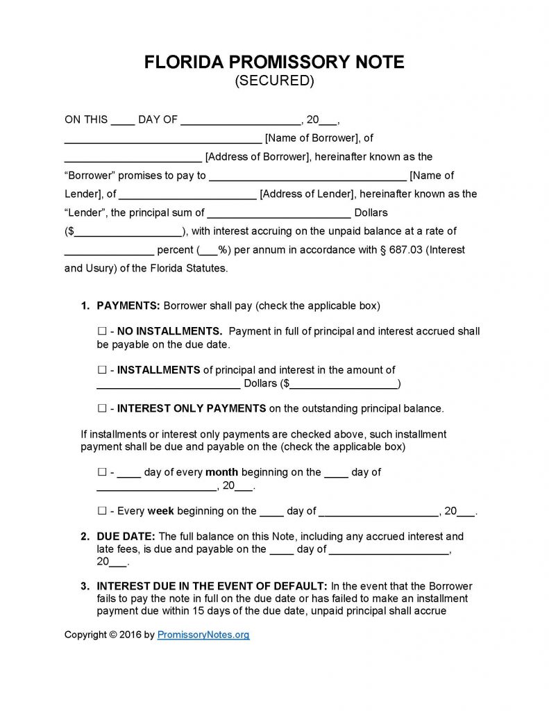 Florida Secured Promissory Note Template - Promissory Notes Pertaining To Note Payable Template