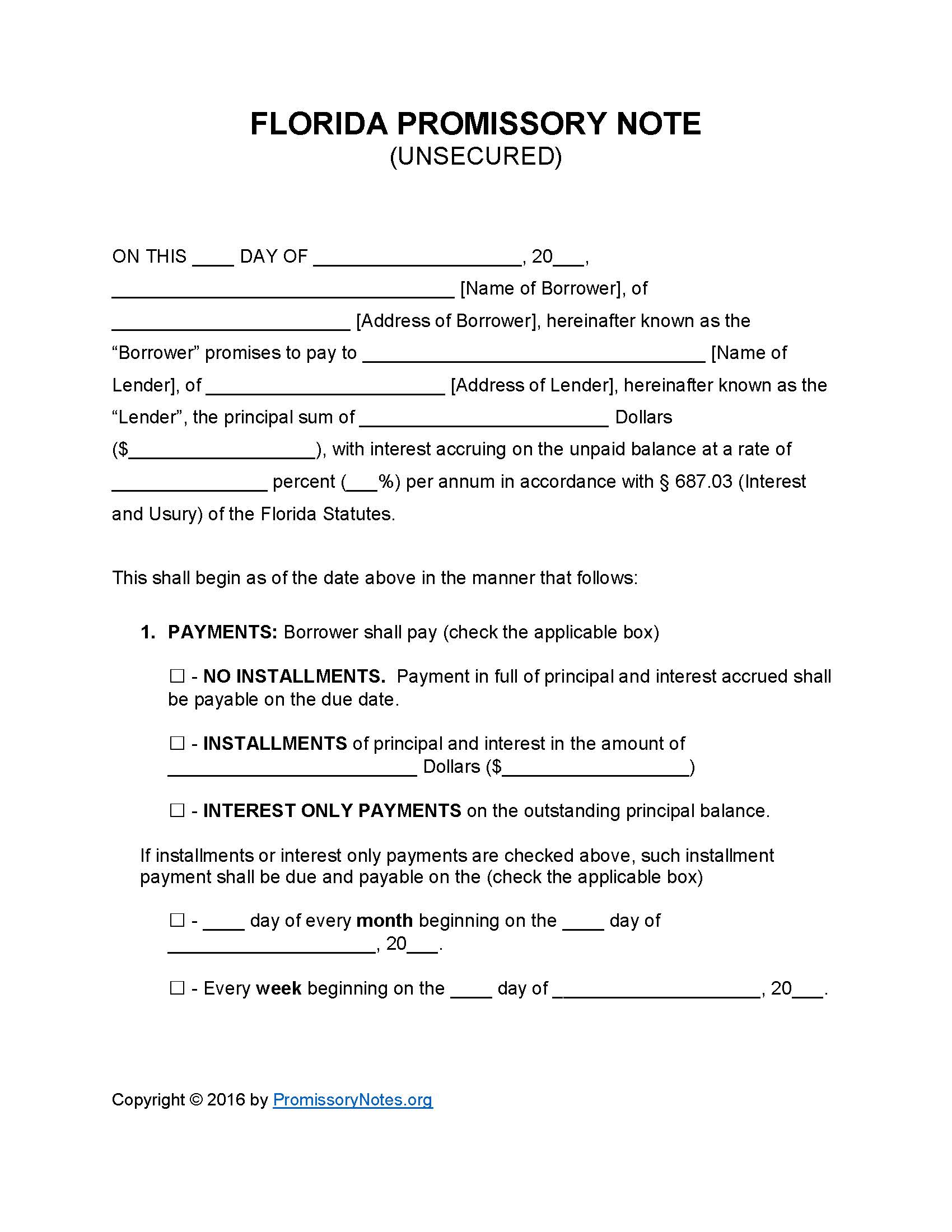 Florida Unsecured Promissory Note Template - Promissory Notes Inside Blank Loan Agreement Template
