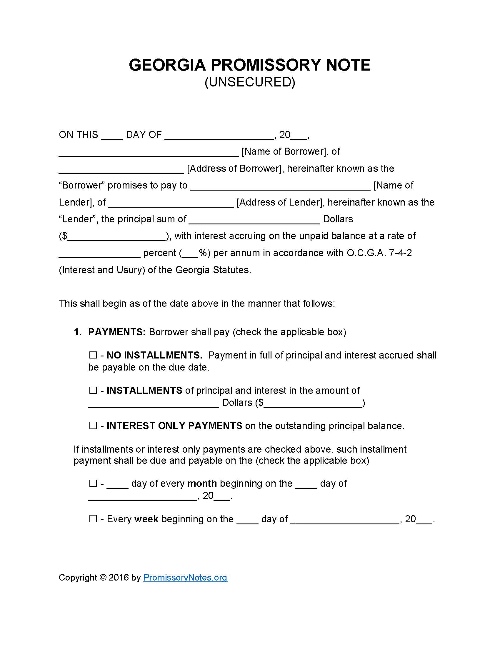 Georgia Unsecured Promissory Note Template - Promissory Notes Throughout Note Payable Template