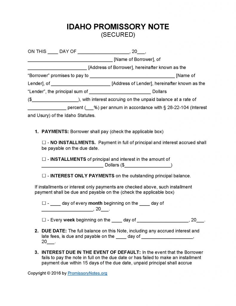 Idaho Secured Promissory Note Template - Promissory Notes : Promissory ...