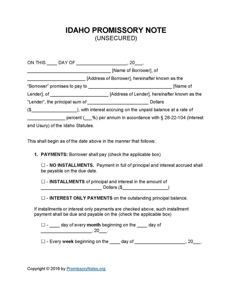 Idaho Unsecured Promissory Note - Adobe PDF - Microsoft Word