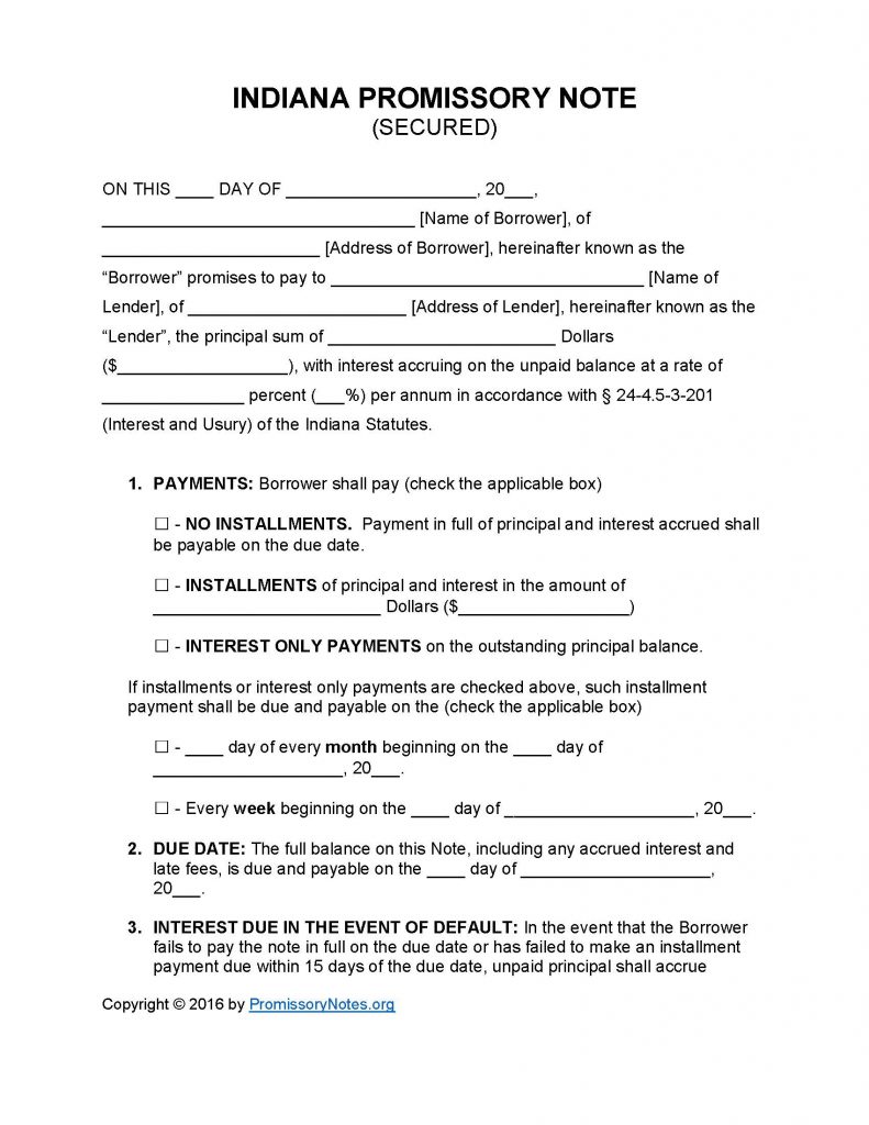 Indiana Secured Promissory Note - Adobe PDF - Microsoft Word