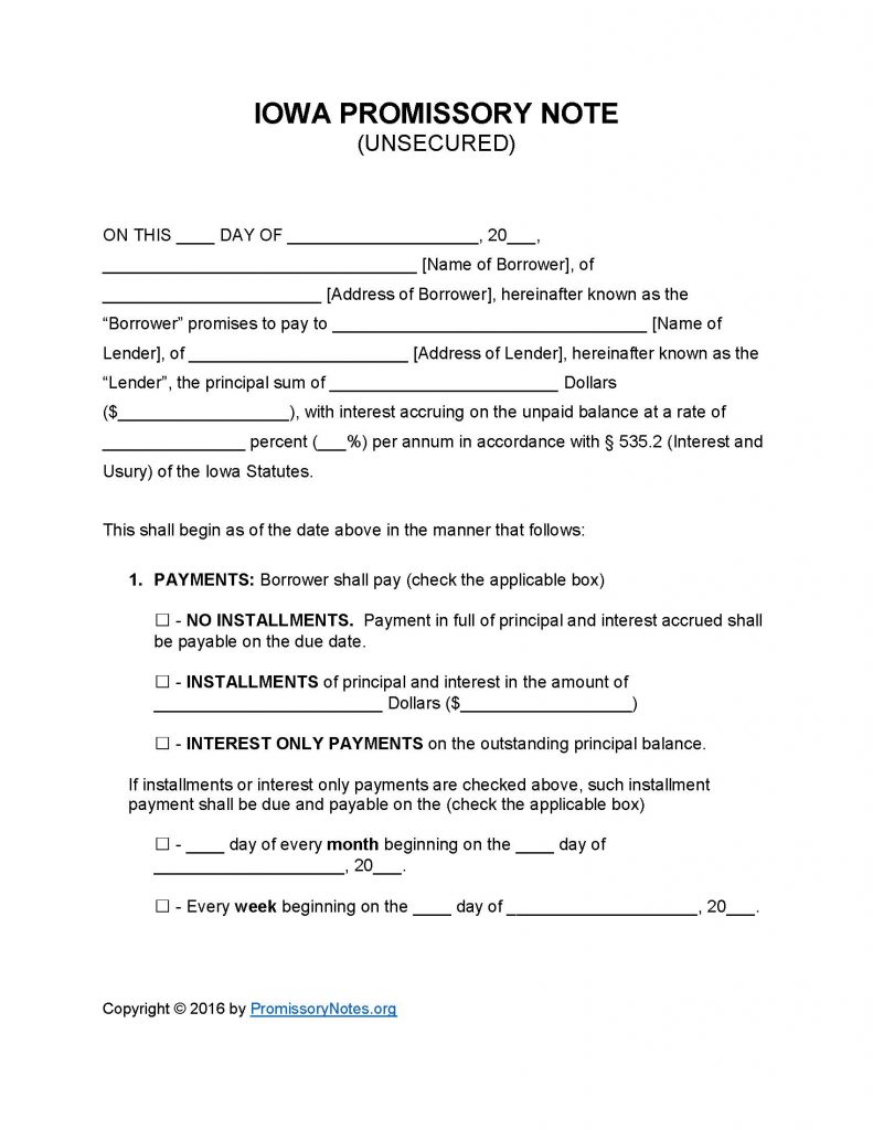 Iowa Unsecured Promissory Note - Adobe PDF - Microsoft Word