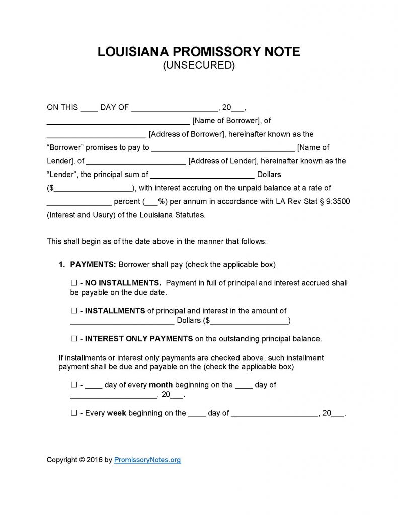 Louisiana Unsecured Promissory Note - Adobe PDF - Microsoft Word