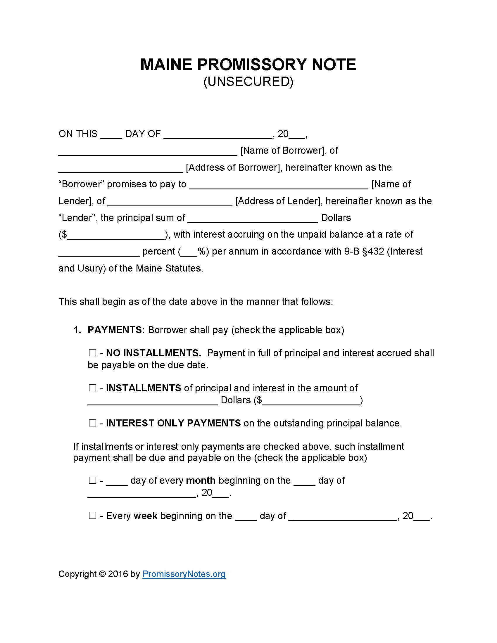 Maine Unsecured Promissory Note Template - Promissory Notes Intended For free installment promissory note template