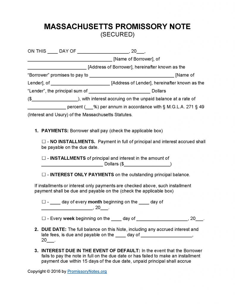 Massachusetts Secured Promissory Note Template - Promissory Notes