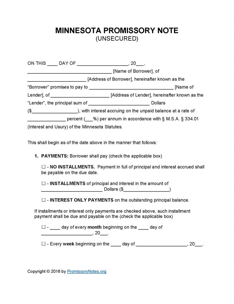 Minnesota Unsecured Promissory Note - Adobe PDF - Microsoft Word