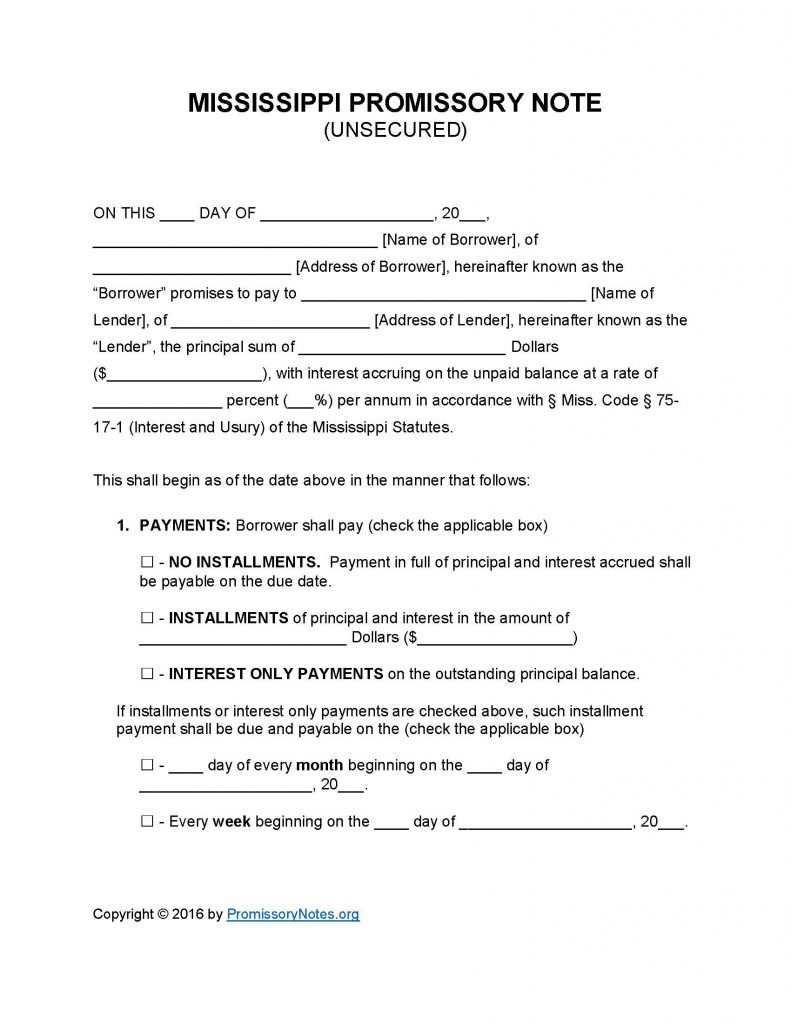Mississippi Unsecured Promissory Note - Adobe PDF - Microsoft Word