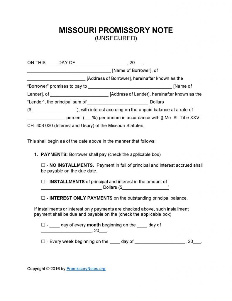 Missouri Unsecured Promissory Note - Adobe PDF - Microsoft Word