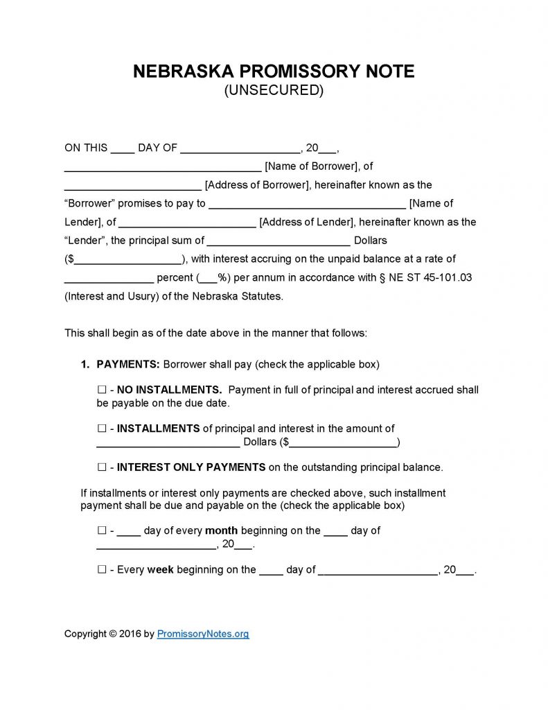 Nebraska Unsecured Promissory Note - Adobe PDF - Microsoft Word