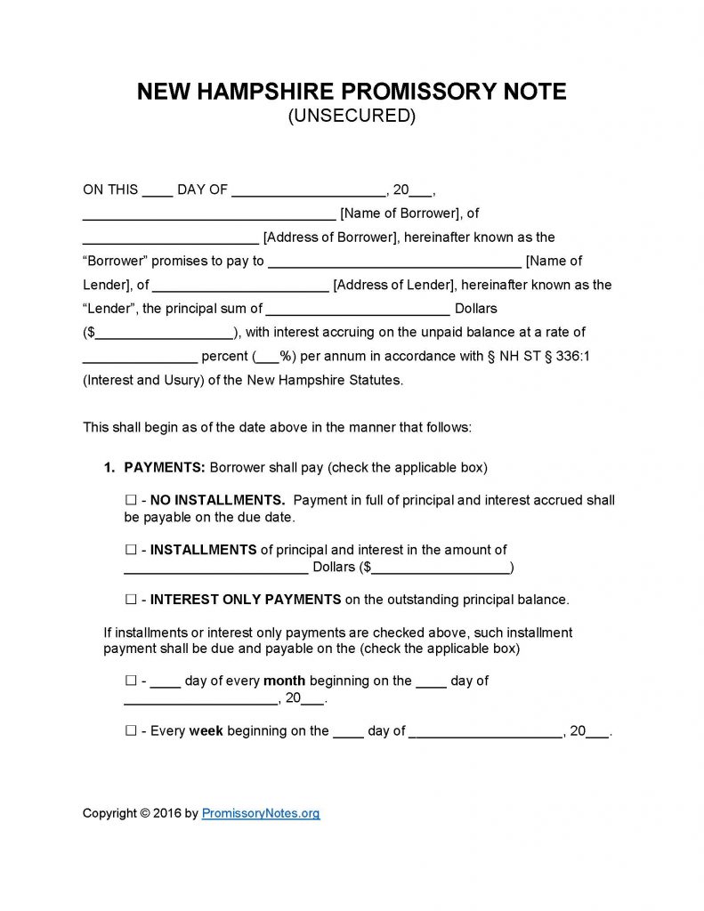 New Hampshire Unsecured Promissory Note - Adobe PDF - Microsoft Word