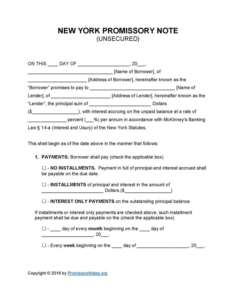 New York Unsecured Promissory Note - Adobe PDF - Microsoft Word