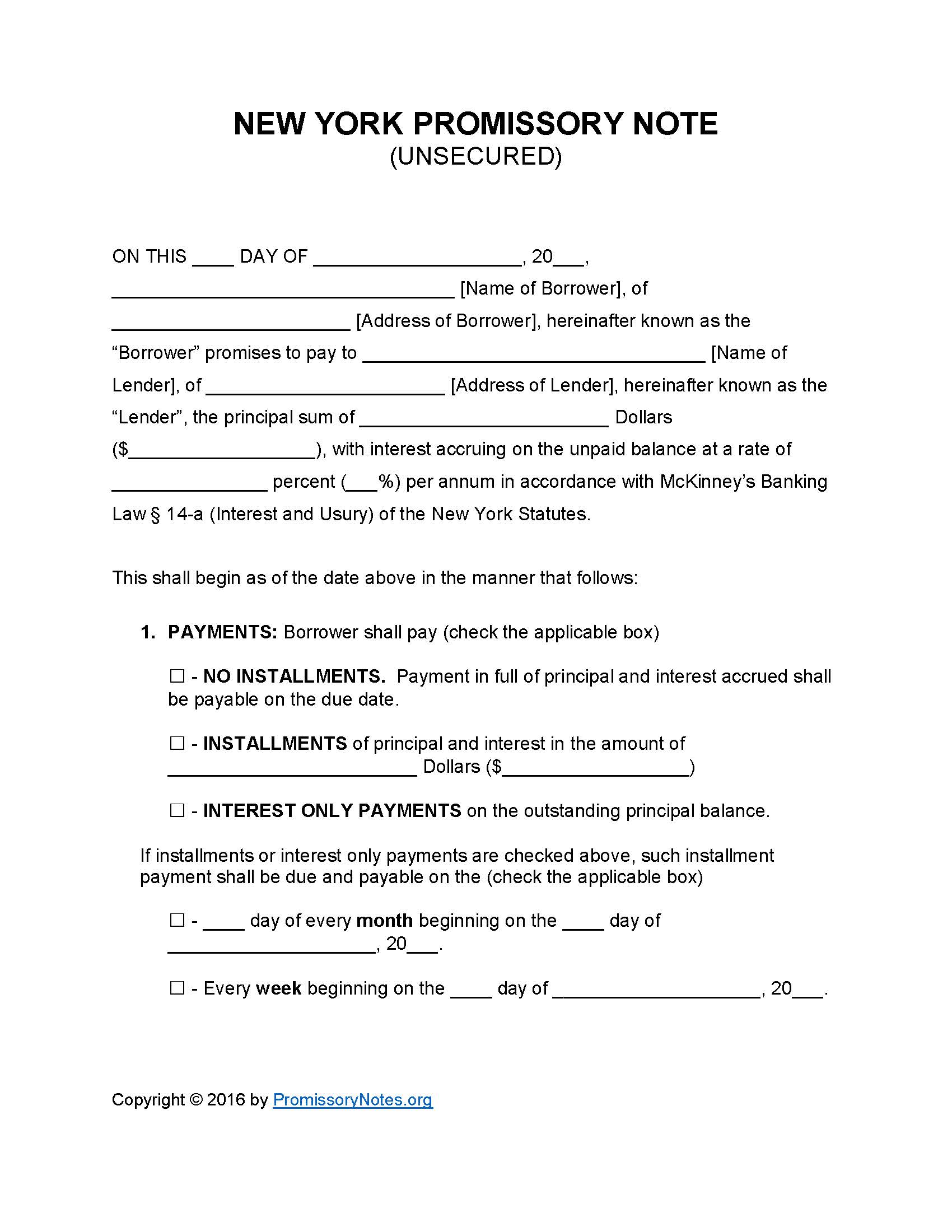 New York Unsecured Promissory Note Template Promissory Notes