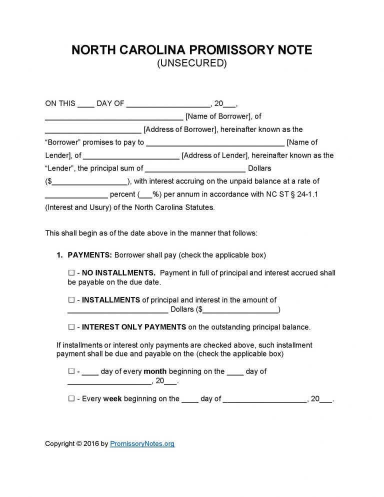 North Carolina Unsecured Promissory Note Template Promissory Notes Promissory Notes