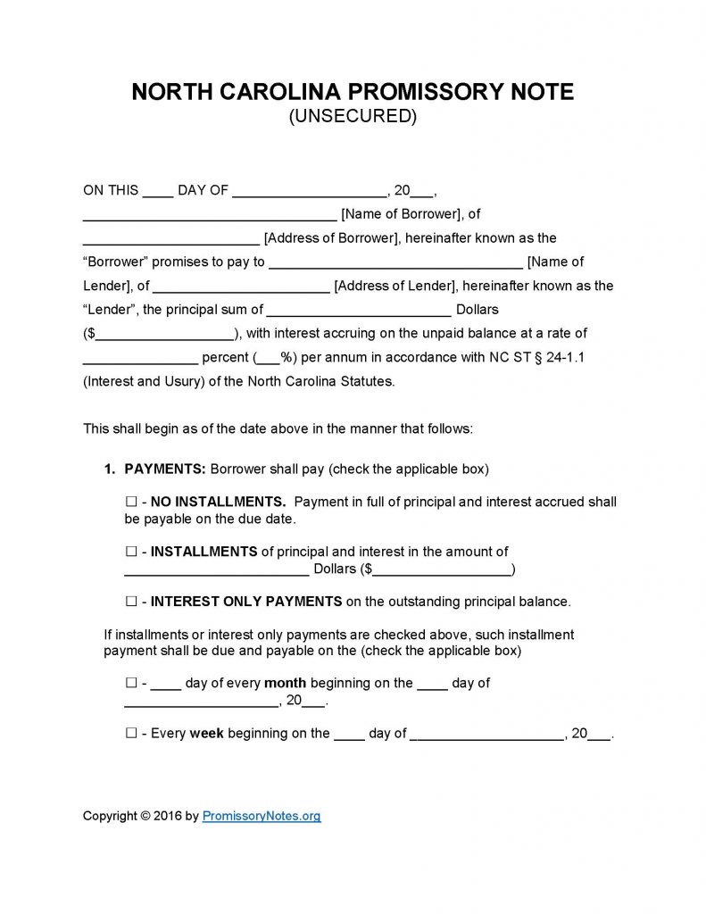 North Carolina Unsecured Promissory Note - Adobe PDF - Microsoft Word