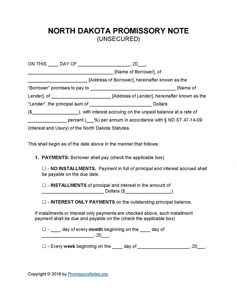 North Dakota Unsecured Promissory Note - Adobe PDF - Microsoft Word