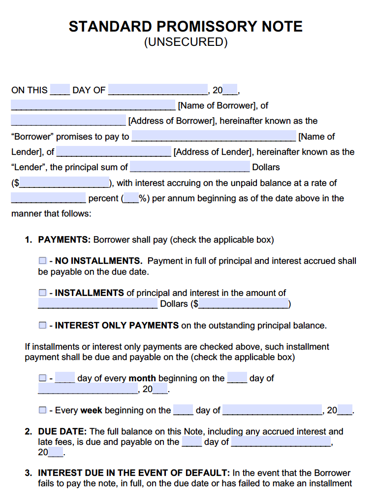 Unsecured promissory note template Promissory Notes Promissory Notes