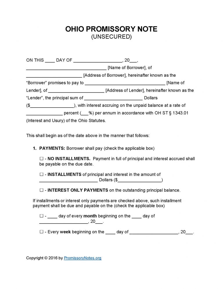 Ohio Unsecured Promissory Note Template Promissory Notes Promissory