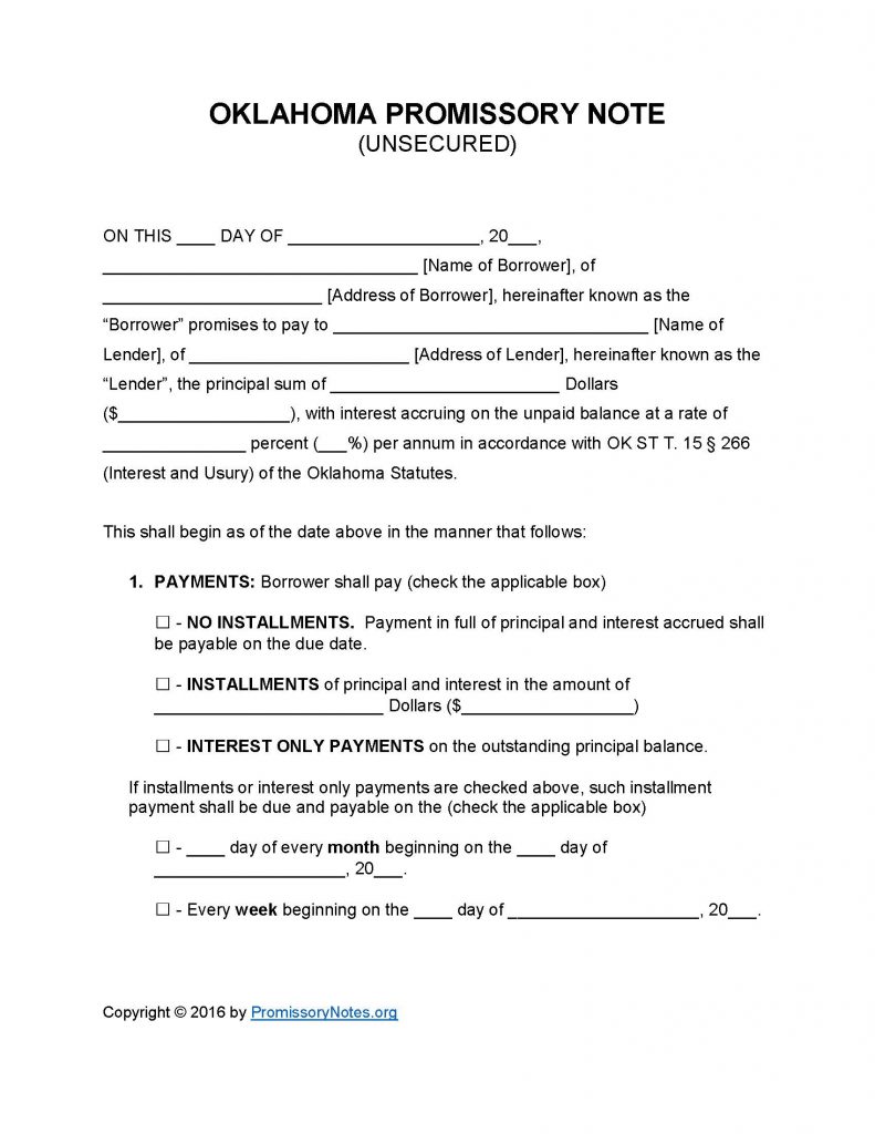 Oklahoma Unsecured Promissory Note - Adobe PDF - Microsoft Word