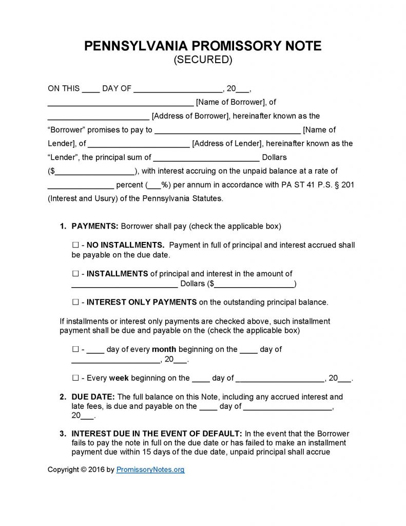 Pennsylvania Secured Promissory Note - Adobe PDF - Microsoft Word