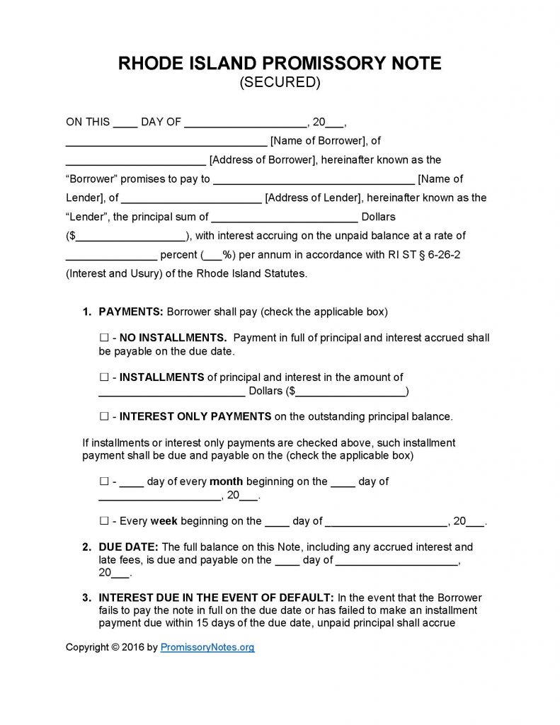 Rhode Island Secured Promissory Note - Adobe PDF - Microsoft Word