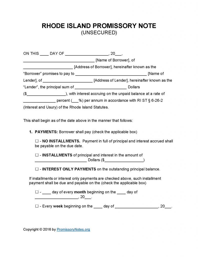 Rhode Island Unsecured Promissory Note - Adobe PDF - Microsoft Word