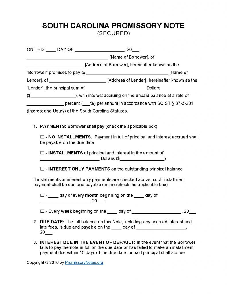 South Carolina Secured Promissory Note - Adobe PDF - Microsoft Word