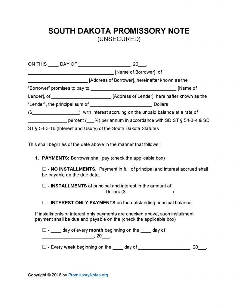 South Dakota Unsecured Promissory Note - Adobe PDF - Microsoft Word