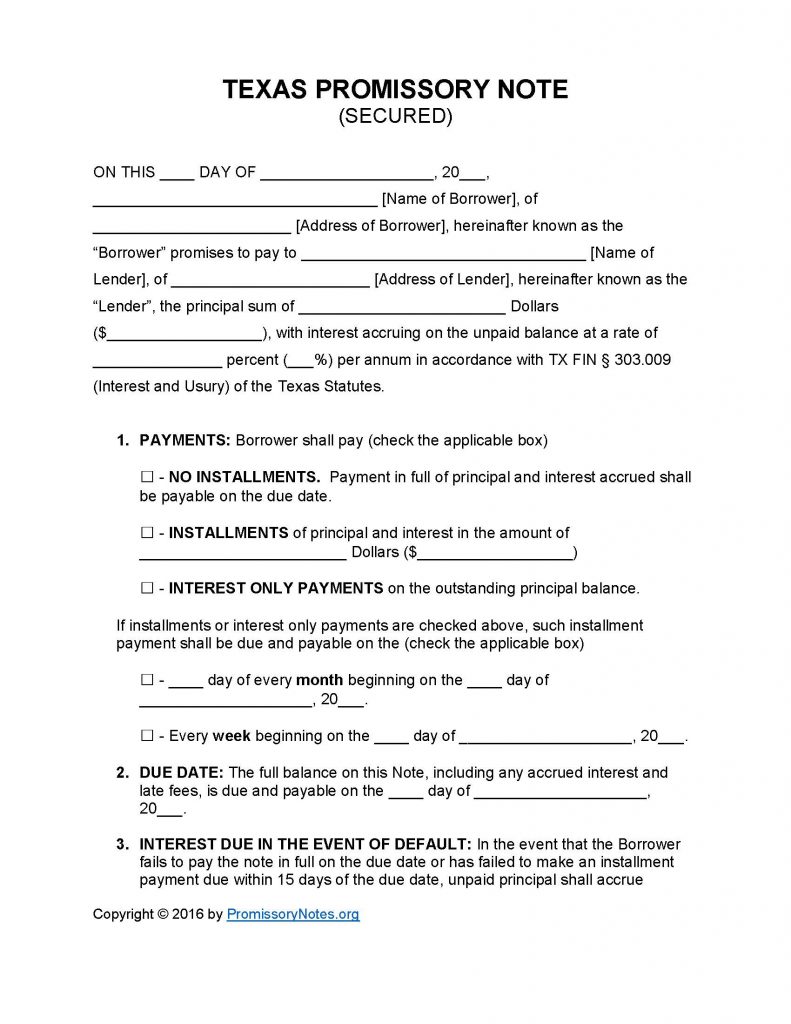 Texas Secured Promissory Note - Adobe PDF - Microsoft Word