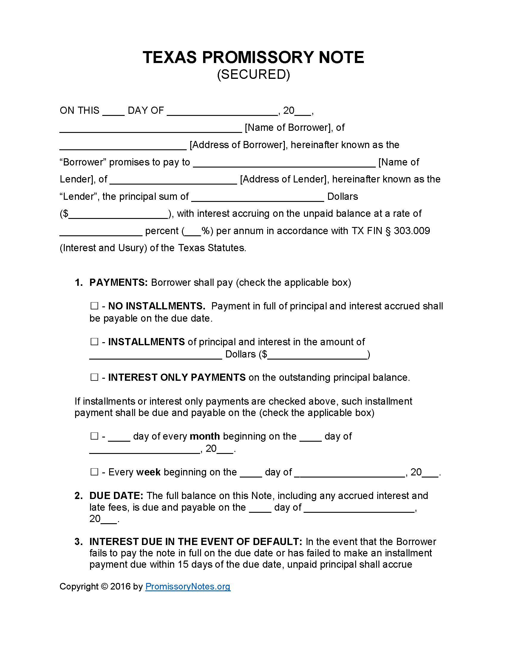 Texas Secured Promissory Note Template Promissory Notes Promissory Notes