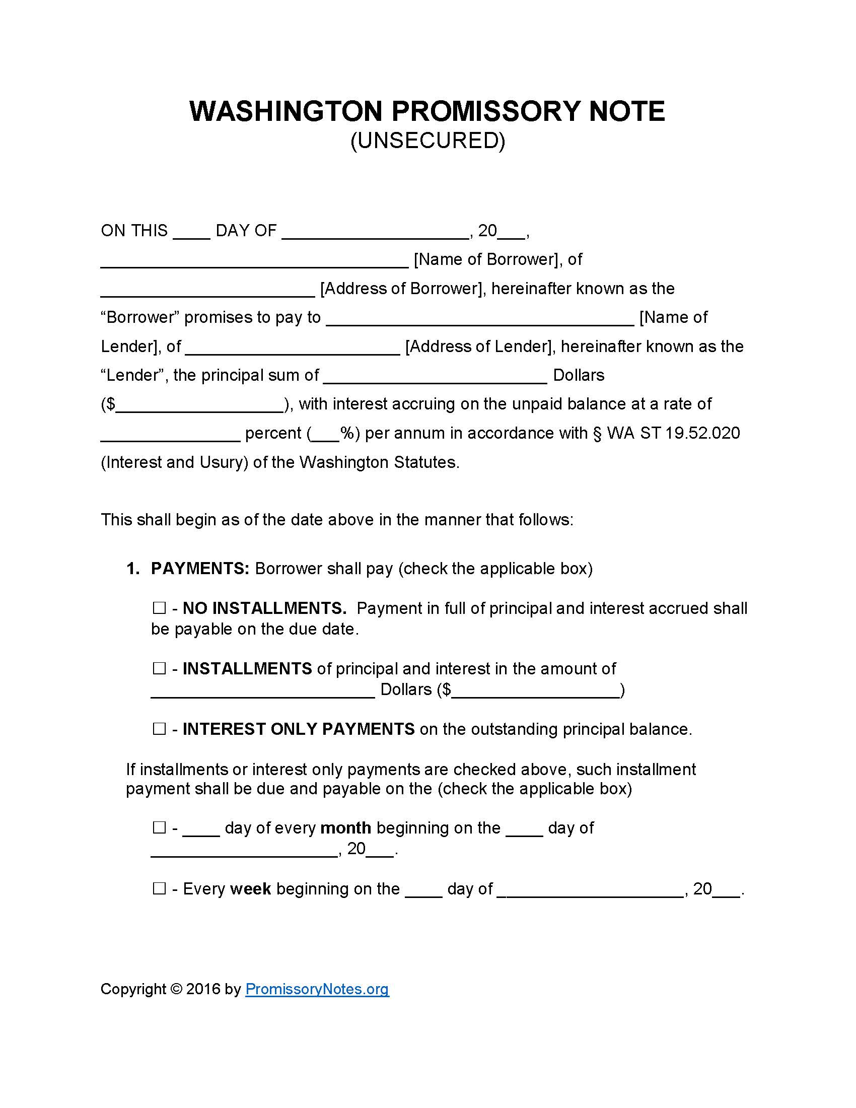 Washington Unsecured Promissory Note Template Promissory Notes Promissory Notes
